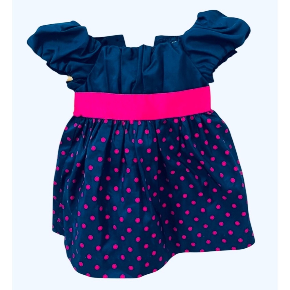 Chaps Baby‎ Girls 3 Months Navy Pink Polka Dot Dress Puff Sleeve Bow